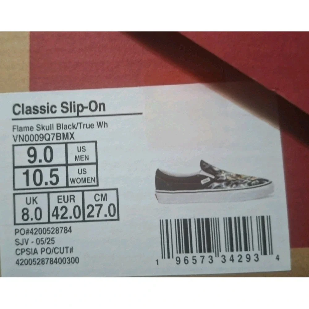 VANS Classic Slip On‎ Flame Skull Black White Skate Shoes Men Sz 9 Rare Tattoo